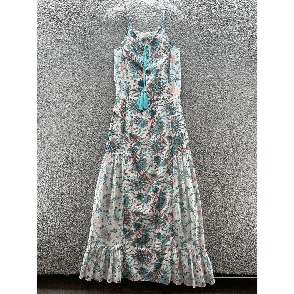 Banjanan Dress Women XS White Green Colorful Floral Cotton Boho Long Maxi